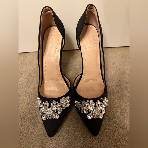 Bella Marie Black Vegan Faux Suede Stiletto Heels with Crystal Details Size 10 - Picture 5 of 8